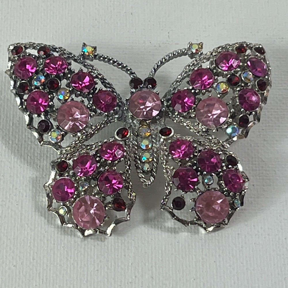 Elegant Pink Butterfly Brooch Pin Multi-colored Rhinestones Approximately 2” Vtg